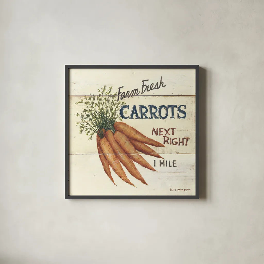 Farm Fresh Carrots by David Carter Brown. Shown in a sleek black glass frame for a contemporary gallery look. Available as an archival giclee rolled canvas, fine art paper, or poster print. SKU 3185a.