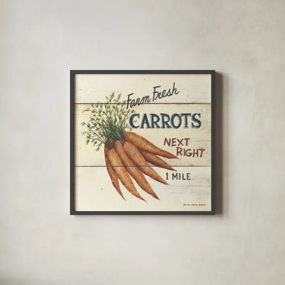 Farm Fresh Carrots by David Carter Brown. Shown in a sleek black glass frame for a contemporary gallery look. Available as an archival giclee rolled canvas, fine art paper, or poster print. SKU 3185a.