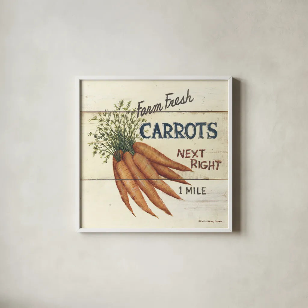 Farm Fresh Carrots by David Carter Brown. Shown in a crisp white glass frame for a clean and minimalist style. Available as an archival giclee rolled canvas, fine art paper, or poster print. SKU 3185a.