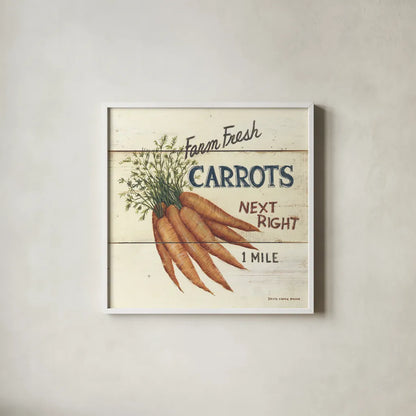 Farm Fresh Carrots by David Carter Brown. Shown in a crisp white glass frame for a clean and minimalist style. Available as an archival giclee rolled canvas, fine art paper, or poster print. SKU 3185a.