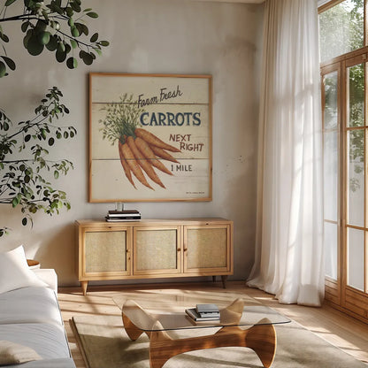 Farm Fresh Carrots by David Carter Brown. Shown in a natural wood frame in a cozy modern living room. Available as an archival giclee rolled canvas, fine art paper, or poster print. SKU 3185a.