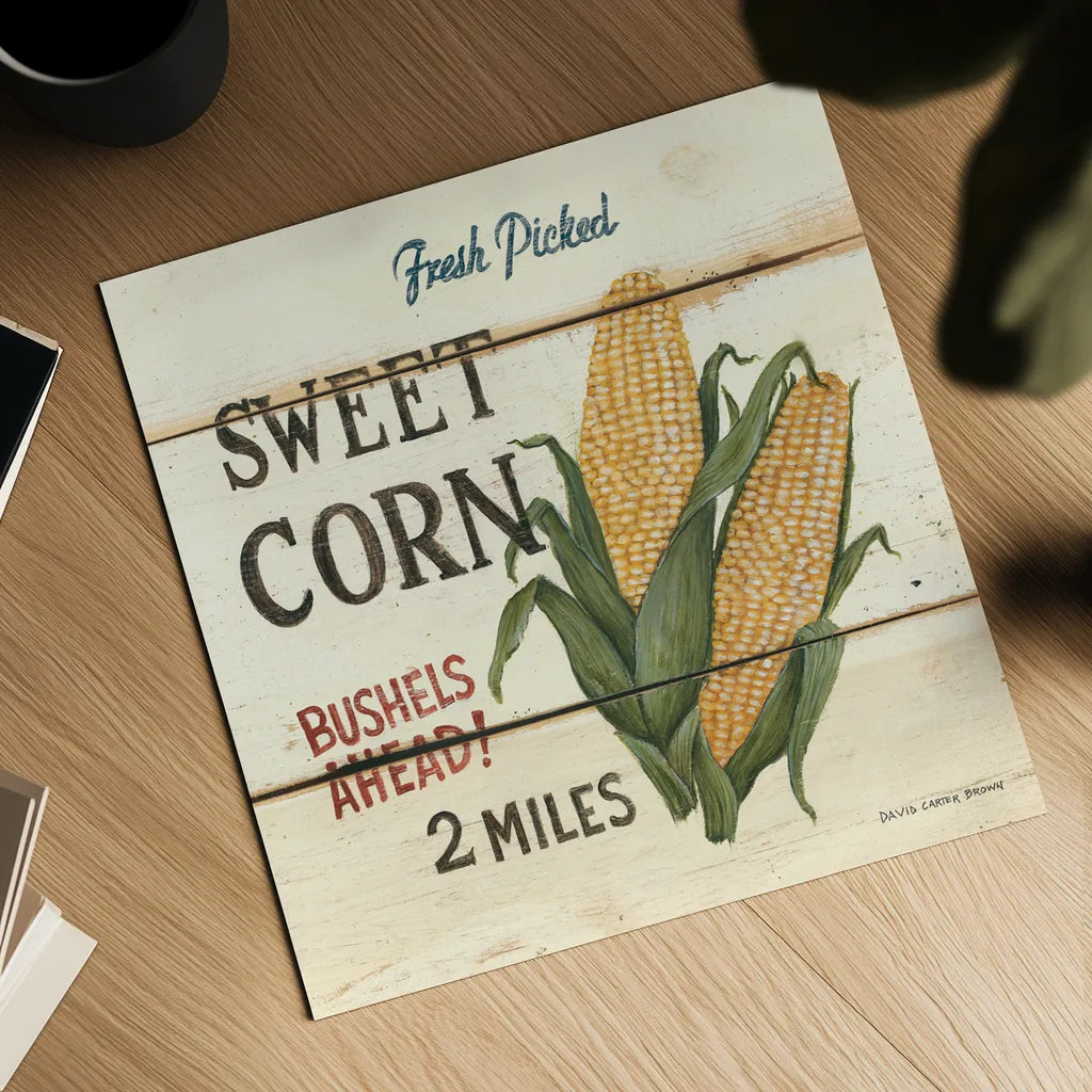 Fresh Picked Sweet Corn by David Carter Brown. Shown as a detailed flat fine art print, highlighting archival giclee quality. Available as an archival giclee rolled canvas, fine art paper, or poster print. SKU 3186a.