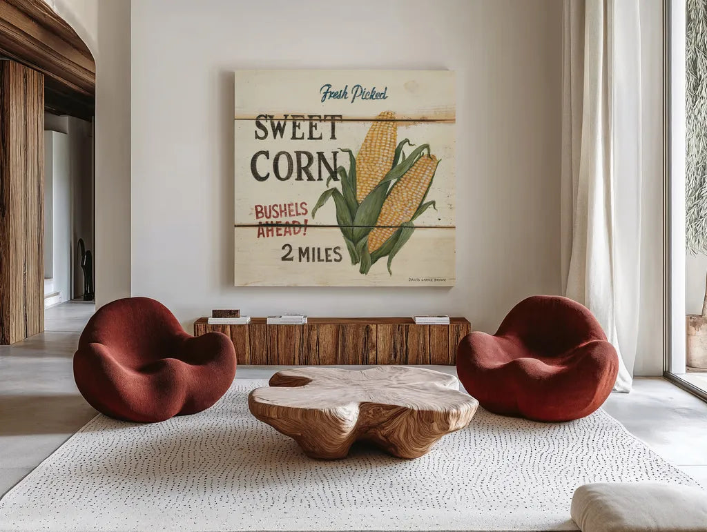 Fresh Picked Sweet Corn by David Carter Brown. Shown as extra-large giant wall art in a modern living room. Available as an archival giclee rolled canvas, fine art paper, or poster print. SKU 3186a.