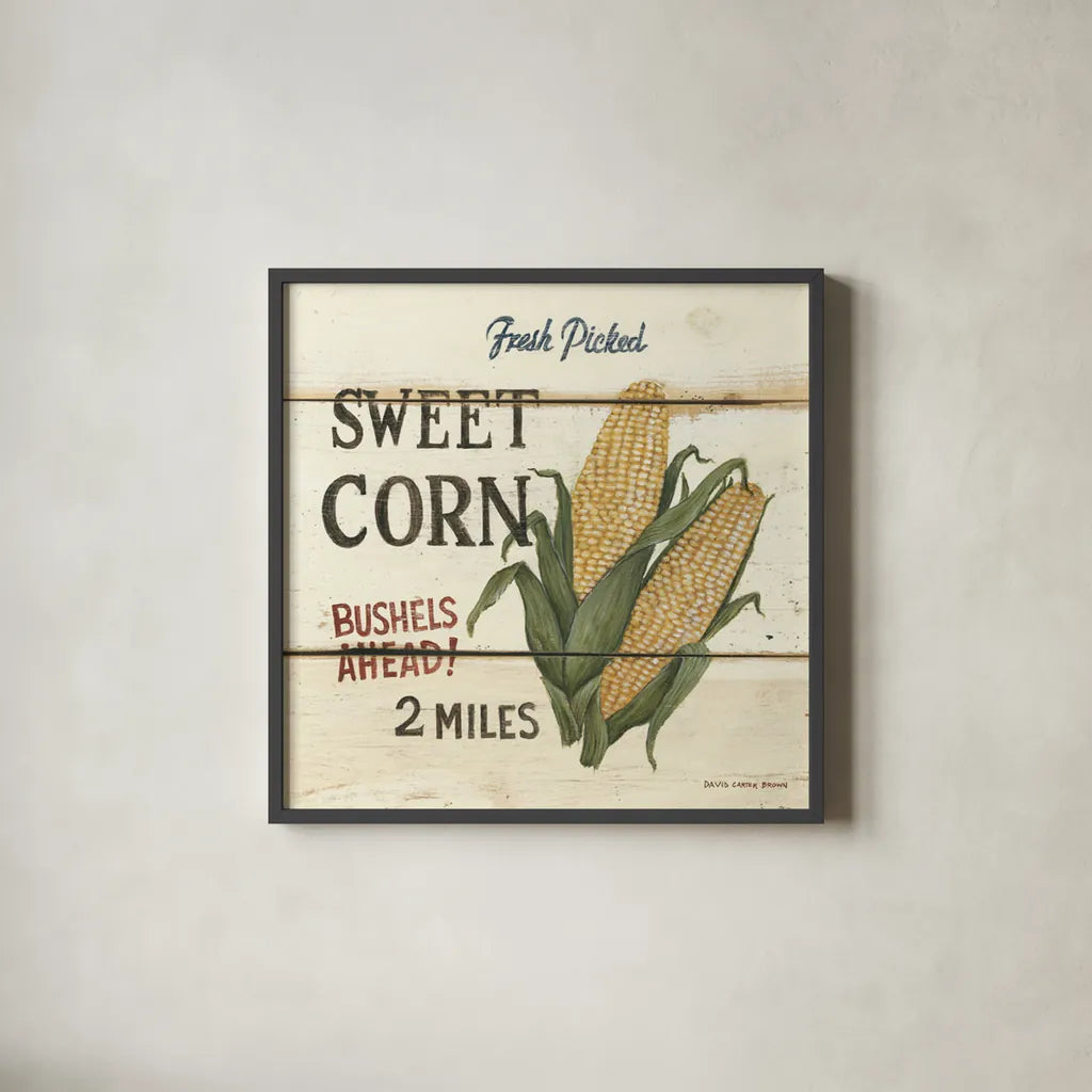 Fresh Picked Sweet Corn by David Carter Brown. Shown in a sleek black glass frame for a contemporary gallery look. Available as an archival giclee rolled canvas, fine art paper, or poster print. SKU 3194a.