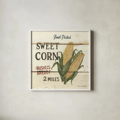 Fresh Picked Sweet Corn by David Carter Brown. Shown in a crisp white glass frame for a clean and minimalist style. Available as an archival giclee rolled canvas, fine art paper, or poster print. SKU 3194a.