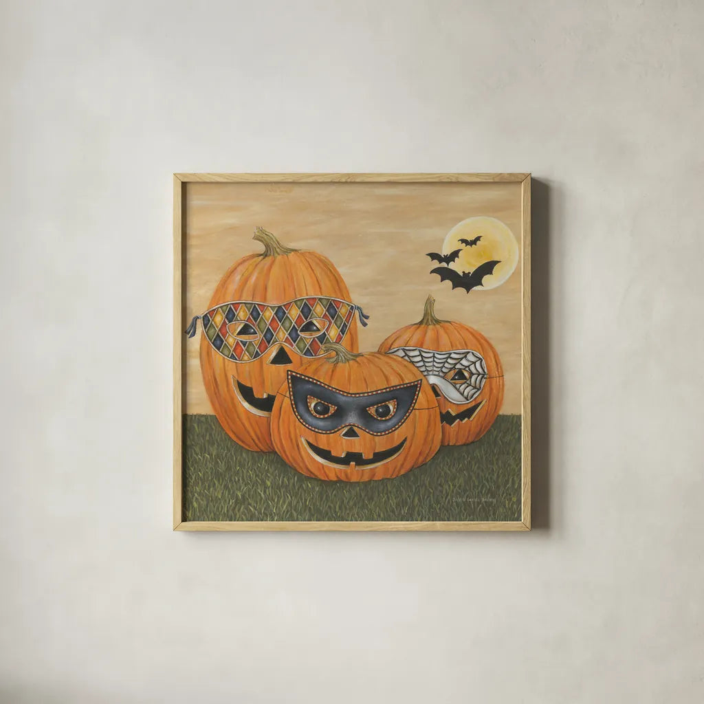 Funny Pumpkins by David Carter Brown. Shown in a natural wood glass frame for a timeless modern aesthetic. Available as an archival giclee rolled canvas, fine art paper, or poster print. SKU 58951a.
