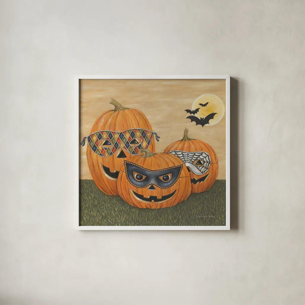 Funny Pumpkins by David Carter Brown. Shown in a crisp white glass frame for a clean and minimalist style. Available as an archival giclee rolled canvas, fine art paper, or poster print. SKU 58951a.