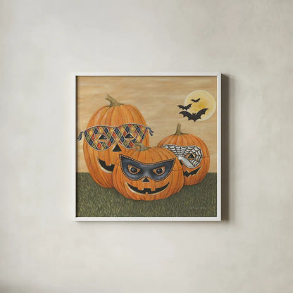 Funny Pumpkins by David Carter Brown. Shown in a crisp white glass frame for a clean and minimalist style. Available as an archival giclee rolled canvas, fine art paper, or poster print. SKU 58951a.