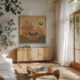 Funny Pumpkins by David Carter Brown. Shown in a natural wood frame in a cozy modern living room. Available as an archival giclee rolled canvas, fine art paper, or poster print. SKU 58951a.