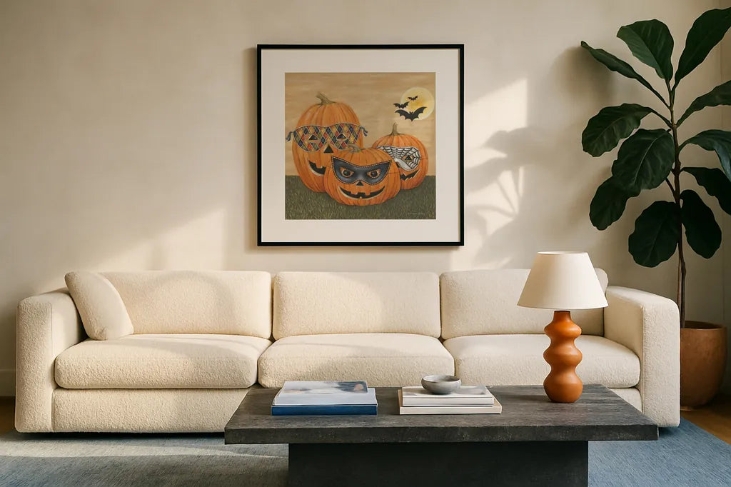 Funny Pumpkins by David Carter Brown. Displayed in a glass frame with matte in a clean modern living room. Available as an archival giclee rolled canvas, fine art paper, or poster print. SKU 58951a.