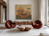 Funny Pumpkins by David Carter Brown. Shown as extra-large giant wall art in a modern living room. Available as an archival giclee rolled canvas, fine art paper, or poster print. SKU 58951a.