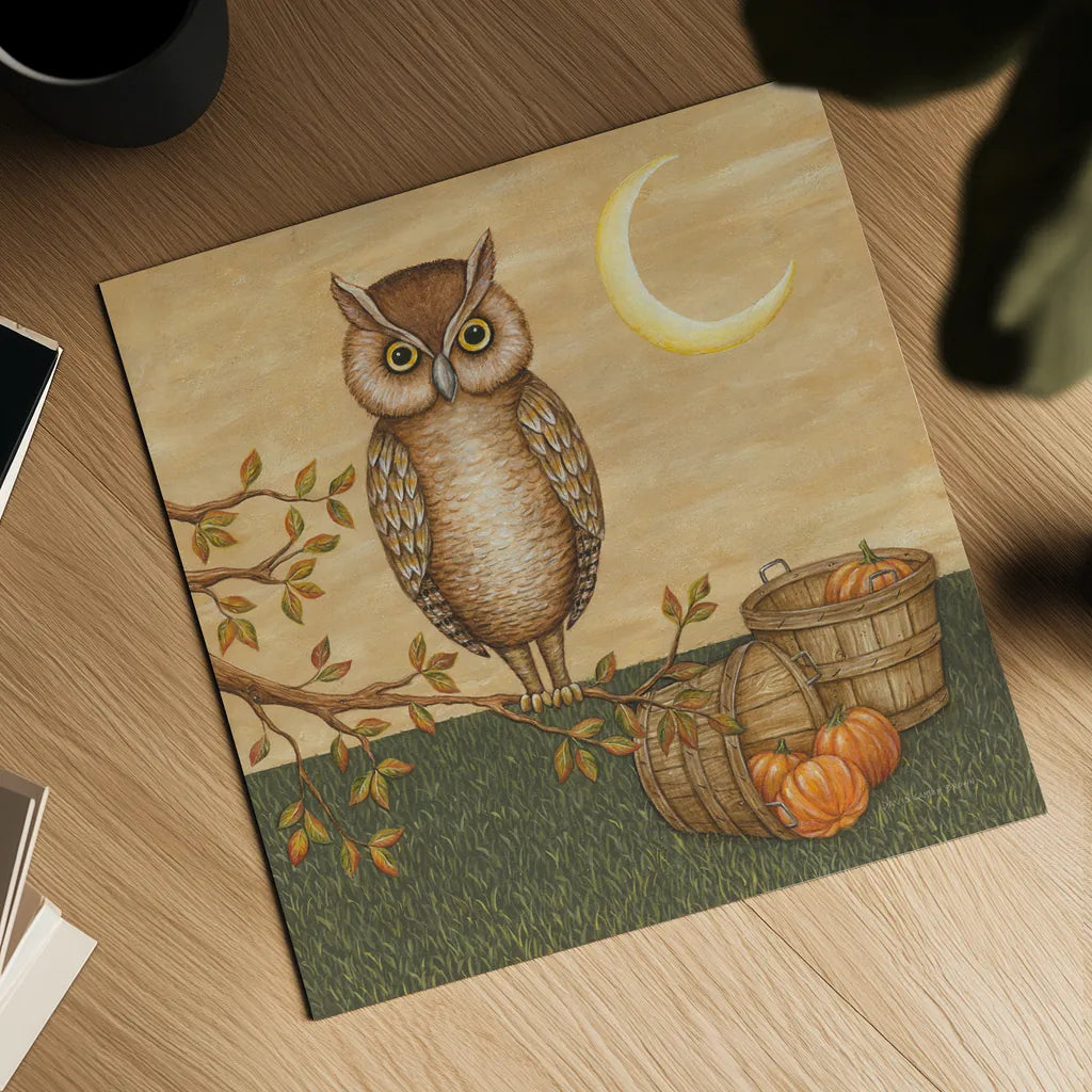 Halloween Owl by David Carter Brown. Shown as a detailed flat fine art print, highlighting archival giclee quality. Available as an archival giclee rolled canvas, fine art paper, or poster print. SKU 58950a.