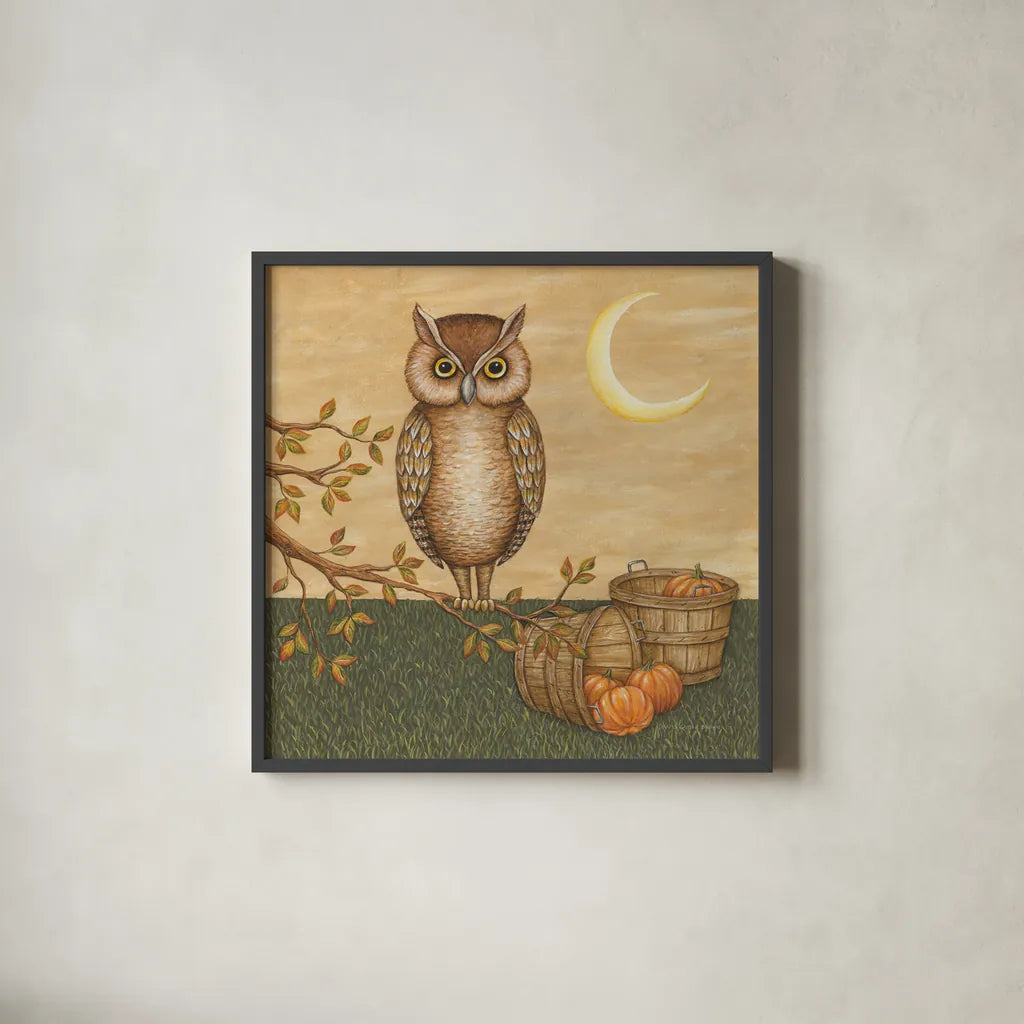 Halloween Owl by David Carter Brown. Shown in a sleek black glass frame for a contemporary gallery look. Available as an archival giclee rolled canvas, fine art paper, or poster print. SKU 58950a.