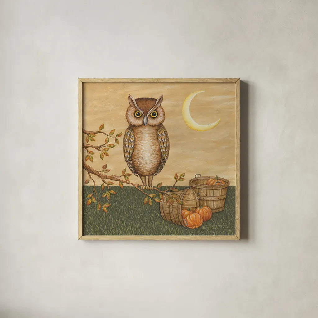 Halloween Owl by David Carter Brown. Shown in a natural wood glass frame for a timeless modern aesthetic. Available as an archival giclee rolled canvas, fine art paper, or poster print. SKU 58950a.