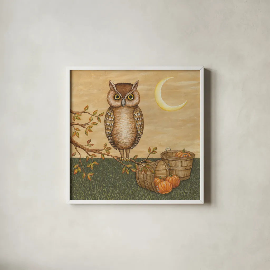 Halloween Owl by David Carter Brown. Shown in a crisp white glass frame for a clean and minimalist style. Available as an archival giclee rolled canvas, fine art paper, or poster print. SKU 58950a.