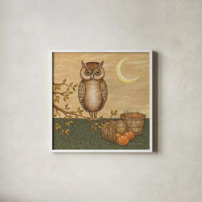 Halloween Owl by David Carter Brown. Shown in a crisp white glass frame for a clean and minimalist style. Available as an archival giclee rolled canvas, fine art paper, or poster print. SKU 58950a.