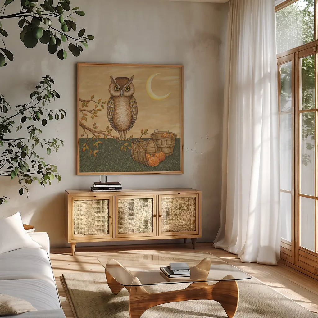 Halloween Owl by David Carter Brown. Shown in a natural wood frame in a cozy modern living room. Available as an archival giclee rolled canvas, fine art paper, or poster print. SKU 58950a.