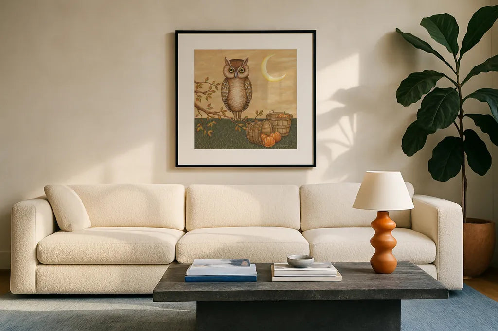 Halloween Owl by David Carter Brown. Displayed in a glass frame with matte in a clean modern living room. Available as an archival giclee rolled canvas, fine art paper, or poster print. SKU 58950a.