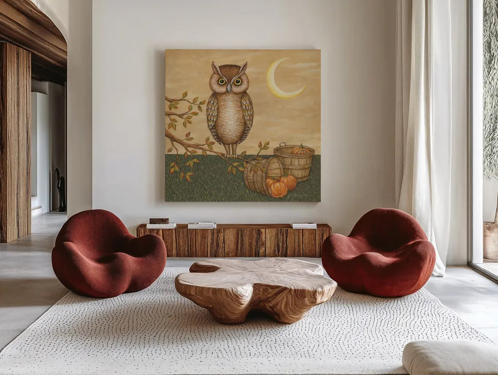 Halloween Owl by David Carter Brown. Shown as extra-large giant wall art in a modern living room. Available as an archival giclee rolled canvas, fine art paper, or poster print. SKU 58950a.