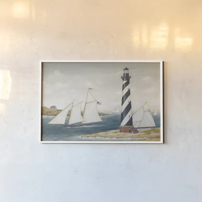 Hatteras Light by David Carter Brown. shown as a paper print in a white frame. Available as a archival giclee rolled canvas, fine art paper, or poster print. SKU 37654i.