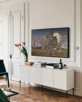 Haunted House Crop by David Carter Brown. shown as a framed stretched canvas in a living room above a console. Available as a archival giclee rolled canvas, fine art paper, or poster print. SKU 19989i.