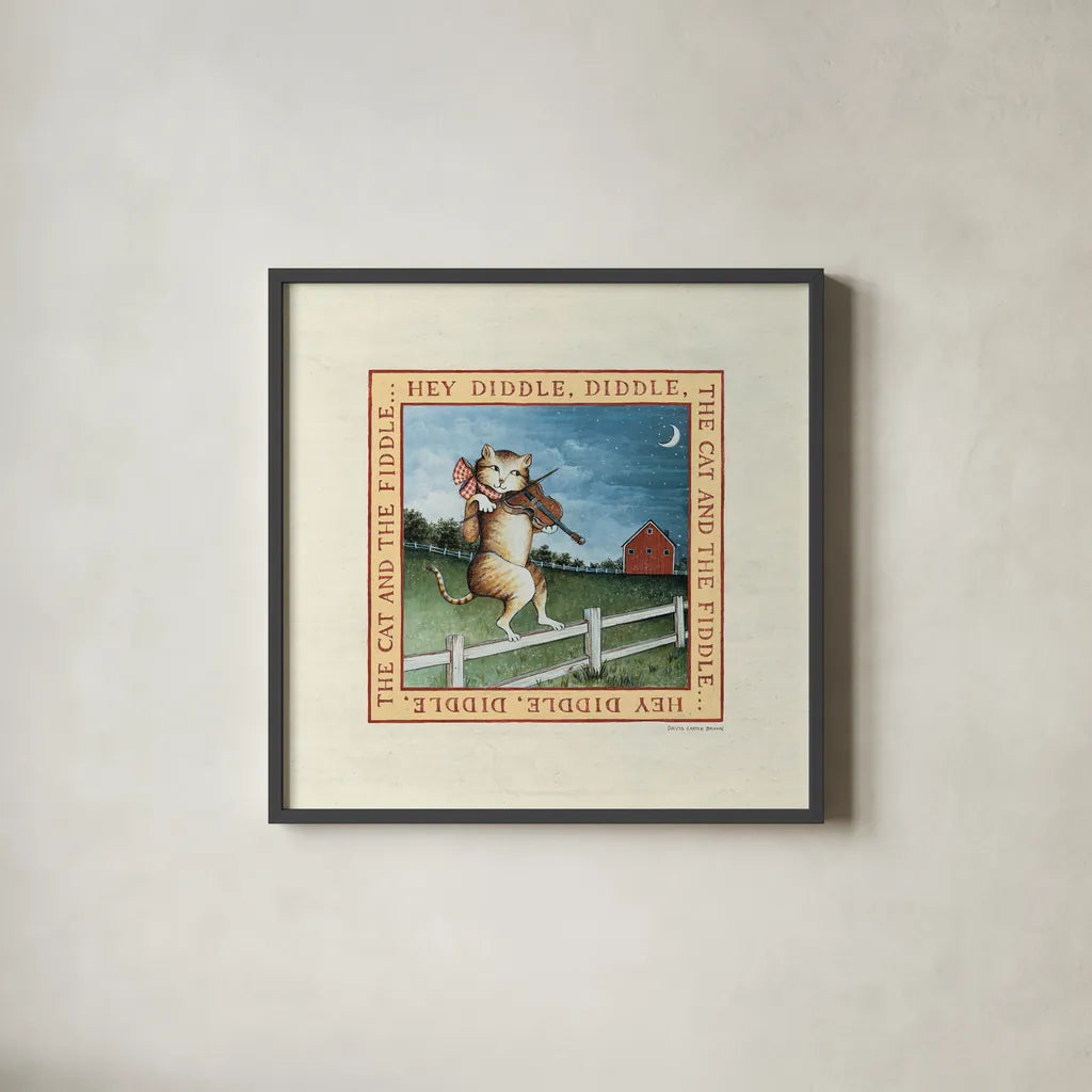 Hey Diddle Diddle by David Carter Brown. Shown in a sleek black glass frame for a contemporary gallery look. Available as an archival giclee rolled canvas, fine art paper, or poster print. SKU 3152a.