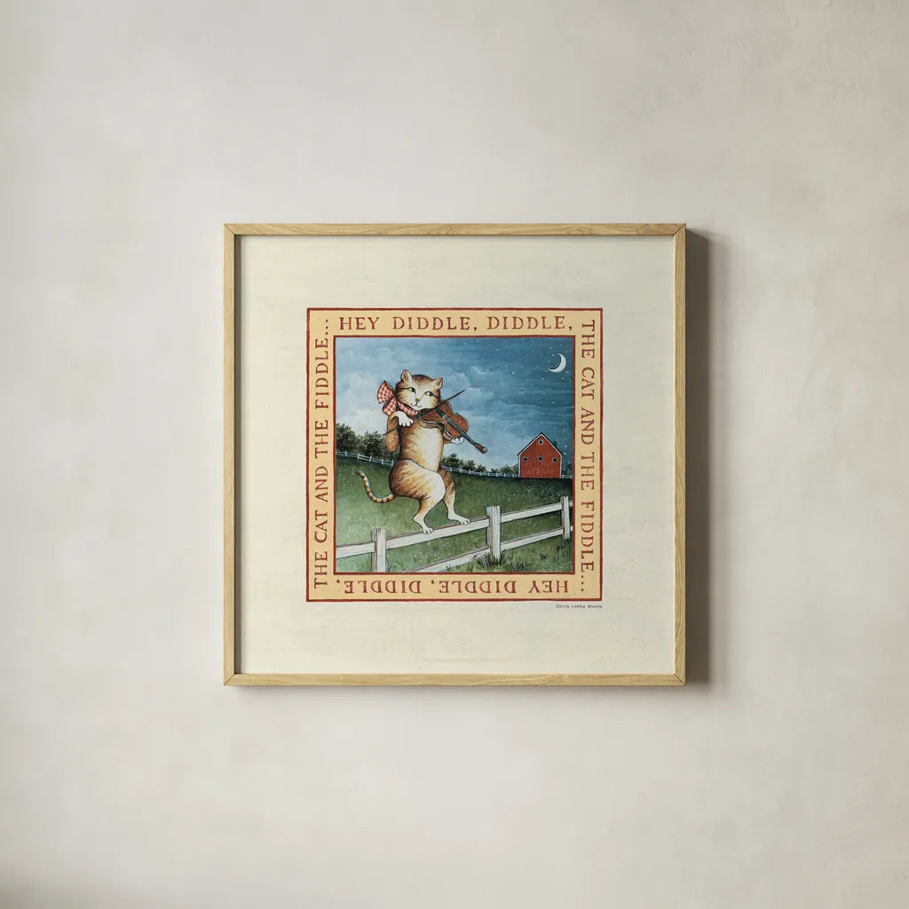 Hey Diddle Diddle by David Carter Brown. Shown in a natural wood glass frame for a timeless modern aesthetic. Available as an archival giclee rolled canvas, fine art paper, or poster print. SKU 3152a.