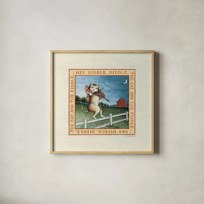 Hey Diddle Diddle by David Carter Brown. Shown in a natural wood glass frame for a timeless modern aesthetic. Available as an archival giclee rolled canvas, fine art paper, or poster print. SKU 3152a.