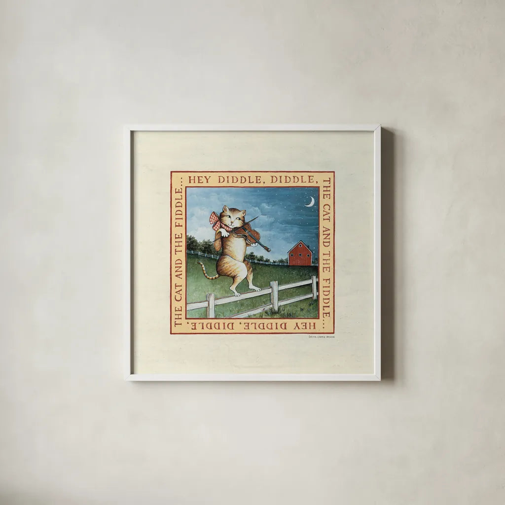 Hey Diddle Diddle by David Carter Brown. Shown in a crisp white glass frame for a clean and minimalist style. Available as an archival giclee rolled canvas, fine art paper, or poster print. SKU 3152a.