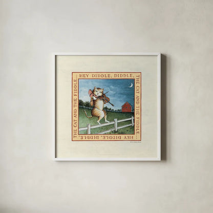 Hey Diddle Diddle by David Carter Brown. Shown in a crisp white glass frame for a clean and minimalist style. Available as an archival giclee rolled canvas, fine art paper, or poster print. SKU 3152a.