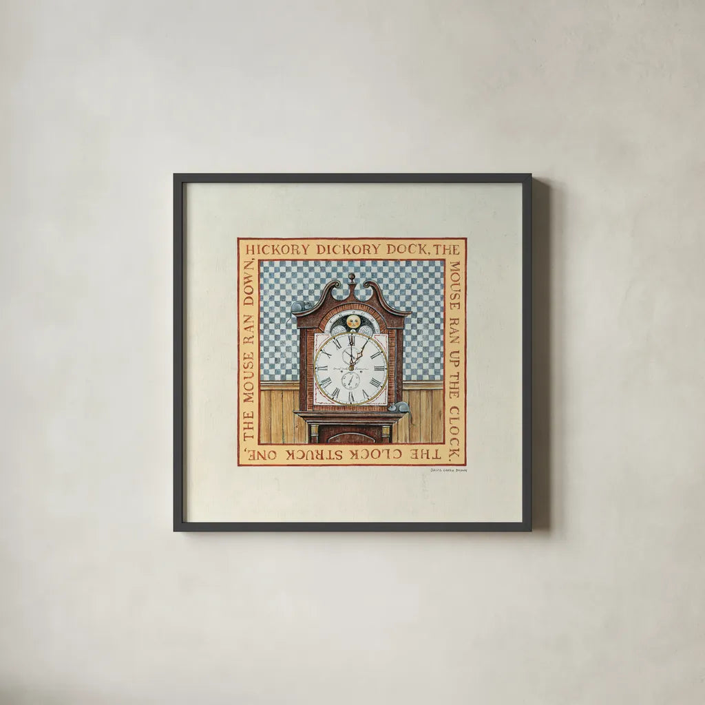 Hickory Dickory Dock by David Carter Brown. Shown in a sleek black glass frame for a contemporary gallery look. Available as an archival giclee rolled canvas, fine art paper, or poster print. SKU 3155a.