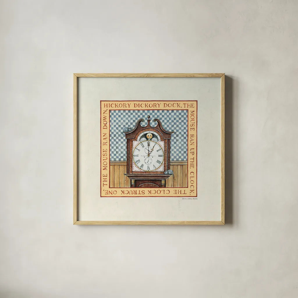 Hickory Dickory Dock by David Carter Brown. Shown in a natural wood glass frame for a timeless modern aesthetic. Available as an archival giclee rolled canvas, fine art paper, or poster print. SKU 3155a.