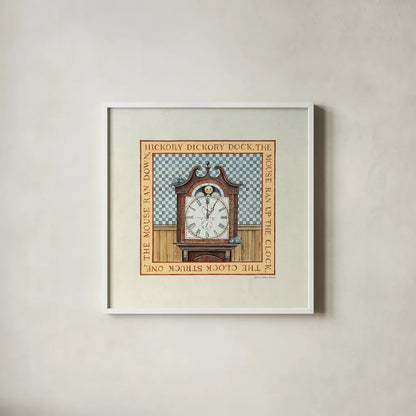 Hickory Dickory Dock by David Carter Brown. Shown in a crisp white glass frame for a clean and minimalist style. Available as an archival giclee rolled canvas, fine art paper, or poster print. SKU 3155a.