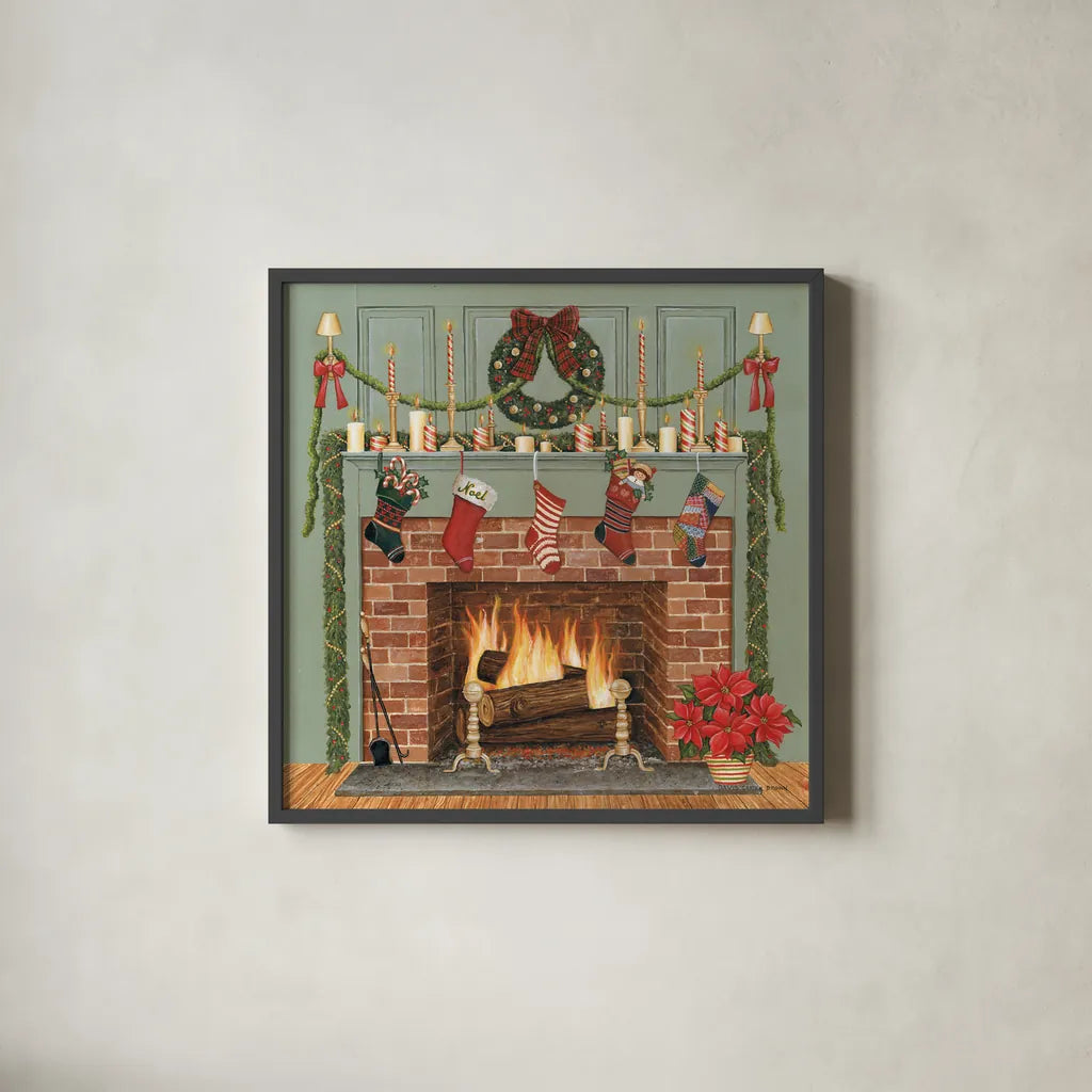 Home for the Holidays I by David Carter Brown. Shown in a sleek black glass frame for a contemporary gallery look. Available as an archival giclee rolled canvas, fine art paper, or poster print. SKU 8944a.