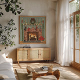 Home for the Holidays I by David Carter Brown. Shown in a natural wood frame in a cozy modern living room. Available as an archival giclee rolled canvas, fine art paper, or poster print. SKU 8944a.