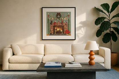 Home for the Holidays I by David Carter Brown. Displayed in a glass frame with matte in a clean modern living room. Available as an archival giclee rolled canvas, fine art paper, or poster print. SKU 8944a.