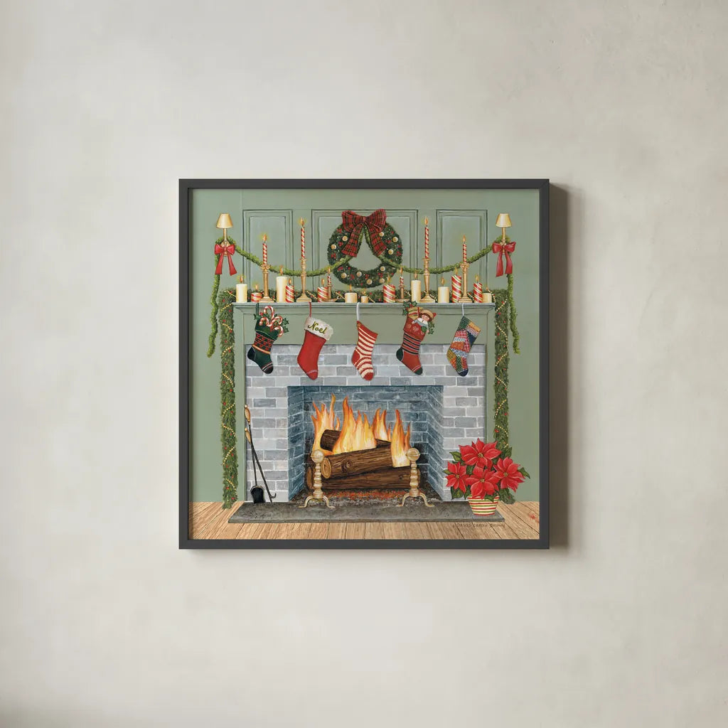 Home for the Holidays I Gray by David Carter Brown. Shown in a sleek black glass frame for a contemporary gallery look. Available as an archival giclee rolled canvas, fine art paper, or poster print. SKU 59699a.