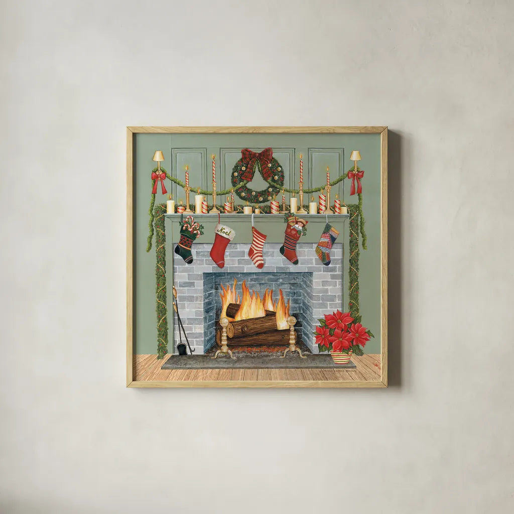 Home for the Holidays I Gray by David Carter Brown. Shown in a natural wood glass frame for a timeless modern aesthetic. Available as an archival giclee rolled canvas, fine art paper, or poster print. SKU 59699a.