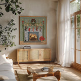 Home for the Holidays I Gray by David Carter Brown. Shown in a natural wood frame in a cozy modern living room. Available as an archival giclee rolled canvas, fine art paper, or poster print. SKU 59699a.