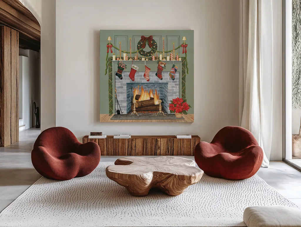 Home for the Holidays I Gray by David Carter Brown. Shown as extra-large giant wall art in a modern living room. Available as an archival giclee rolled canvas, fine art paper, or poster print. SKU 59699a.