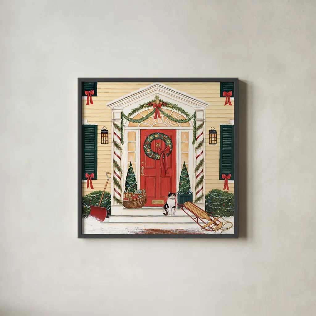 Home for the Holidays II by David Carter Brown. Shown in a sleek black glass frame for a contemporary gallery look. Available as an archival giclee rolled canvas, fine art paper, or poster print. SKU 8945a.