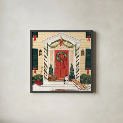 Home for the Holidays II by David Carter Brown. Shown in a sleek black glass frame for a contemporary gallery look. Available as an archival giclee rolled canvas, fine art paper, or poster print. SKU 8945a.