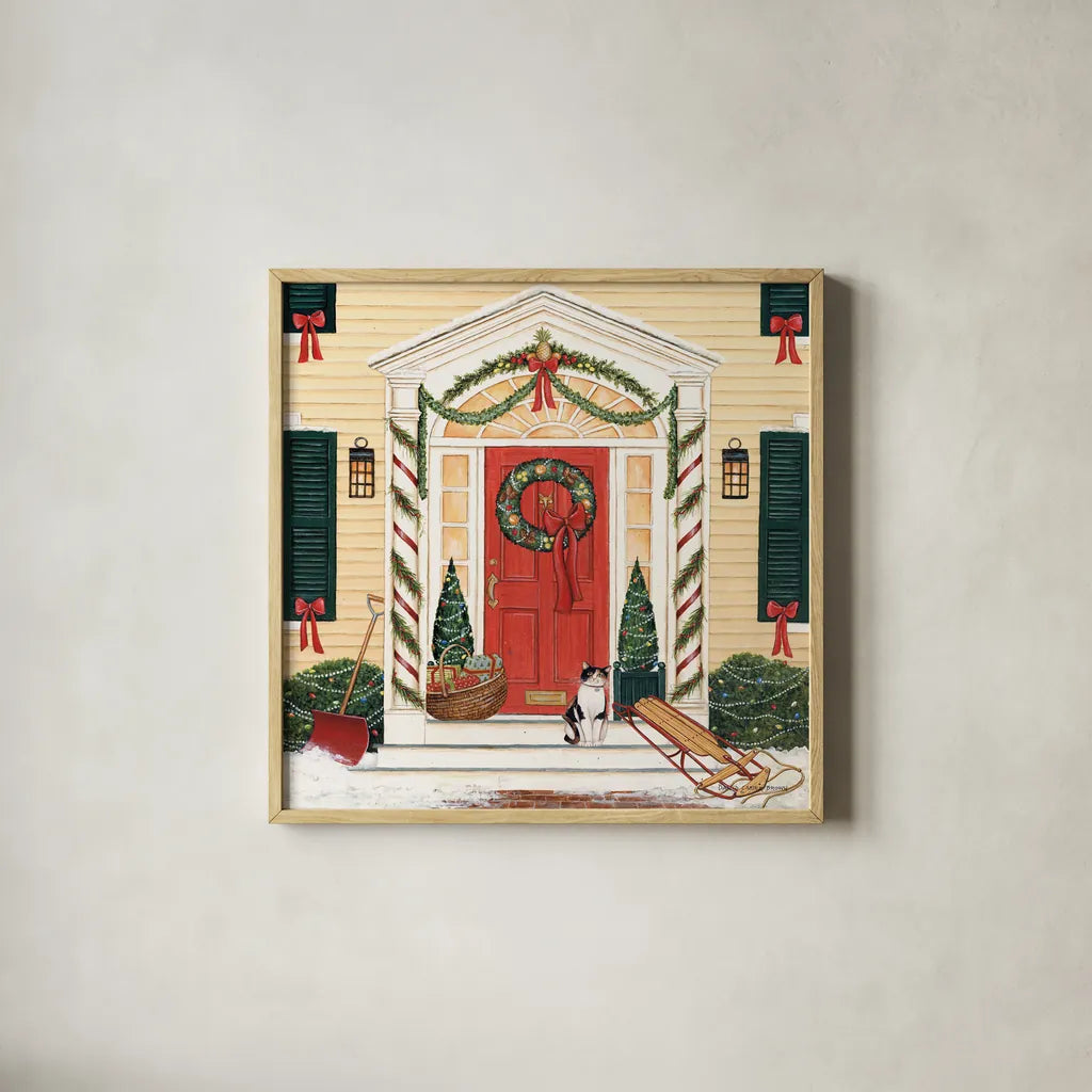 Home for the Holidays II by David Carter Brown. Shown in a natural wood glass frame for a timeless modern aesthetic. Available as an archival giclee rolled canvas, fine art paper, or poster print. SKU 8945a.