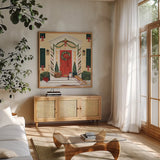 Home for the Holidays II by David Carter Brown. Shown in a natural wood frame in a cozy modern living room. Available as an archival giclee rolled canvas, fine art paper, or poster print. SKU 8945a.