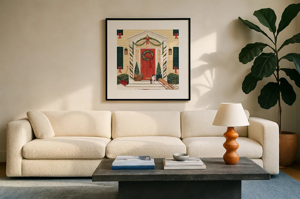 Home for the Holidays II by David Carter Brown. Displayed in a glass frame with matte in a clean modern living room. Available as an archival giclee rolled canvas, fine art paper, or poster print. SKU 8945a.