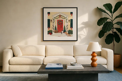 Home for the Holidays II by David Carter Brown. Displayed in a glass frame with matte in a clean modern living room. Available as an archival giclee rolled canvas, fine art paper, or poster print. SKU 8945a.