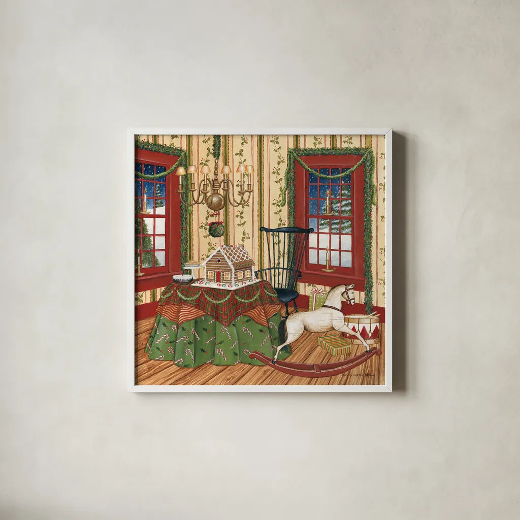 Home for the Holidays III by David Carter Brown. Shown in a crisp white glass frame for a clean and minimalist style. Available as an archival giclee rolled canvas, fine art paper, or poster print. SKU 37527a.