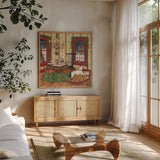 Home for the Holidays III by David Carter Brown. Shown in a natural wood frame in a cozy modern living room. Available as an archival giclee rolled canvas, fine art paper, or poster print. SKU 37527a.