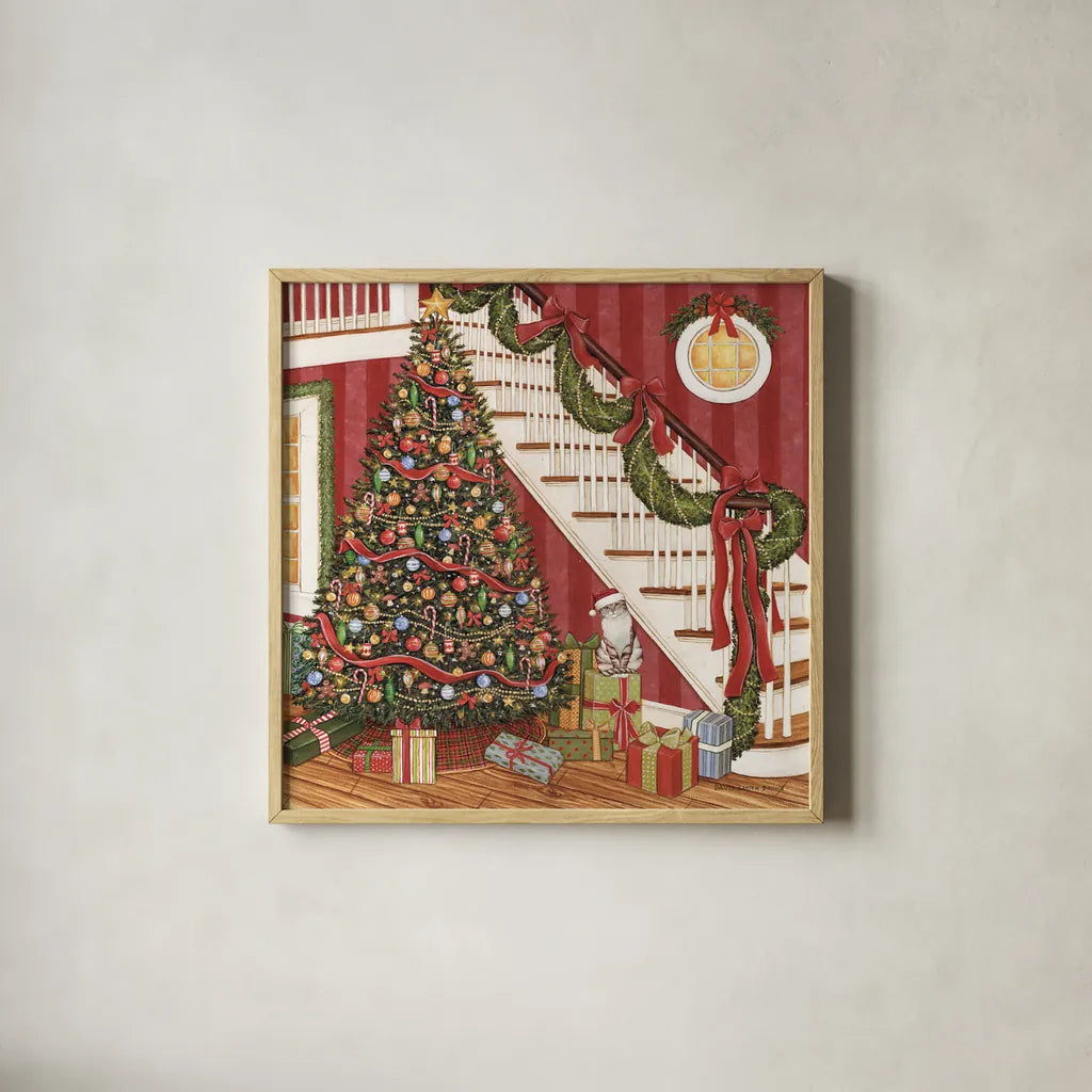Home for the Holidays IV by David Carter Brown. Shown in a natural wood glass frame for a timeless modern aesthetic. Available as an archival giclee rolled canvas, fine art paper, or poster print. SKU 37523a.