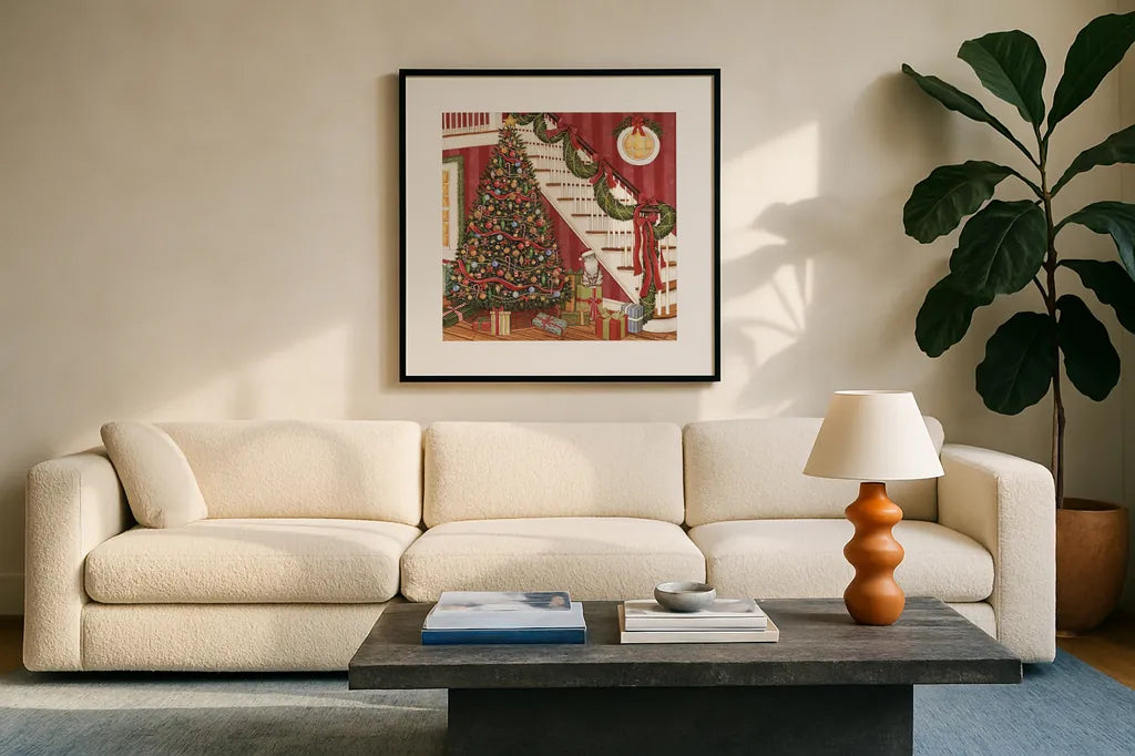 Home for the Holidays IV by David Carter Brown. Displayed in a glass frame with matte in a clean modern living room. Available as an archival giclee rolled canvas, fine art paper, or poster print. SKU 37523a.